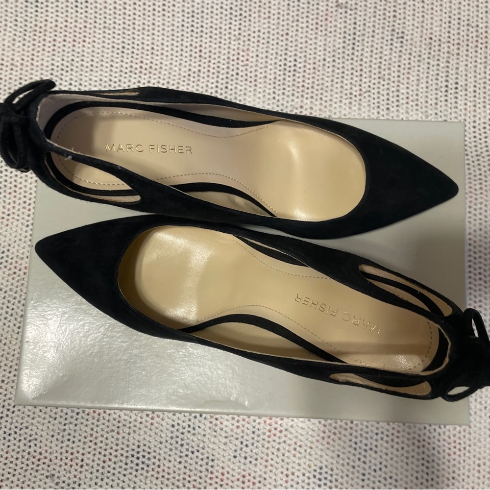 Marc Fisher Black Suede Heels with Bow Accent